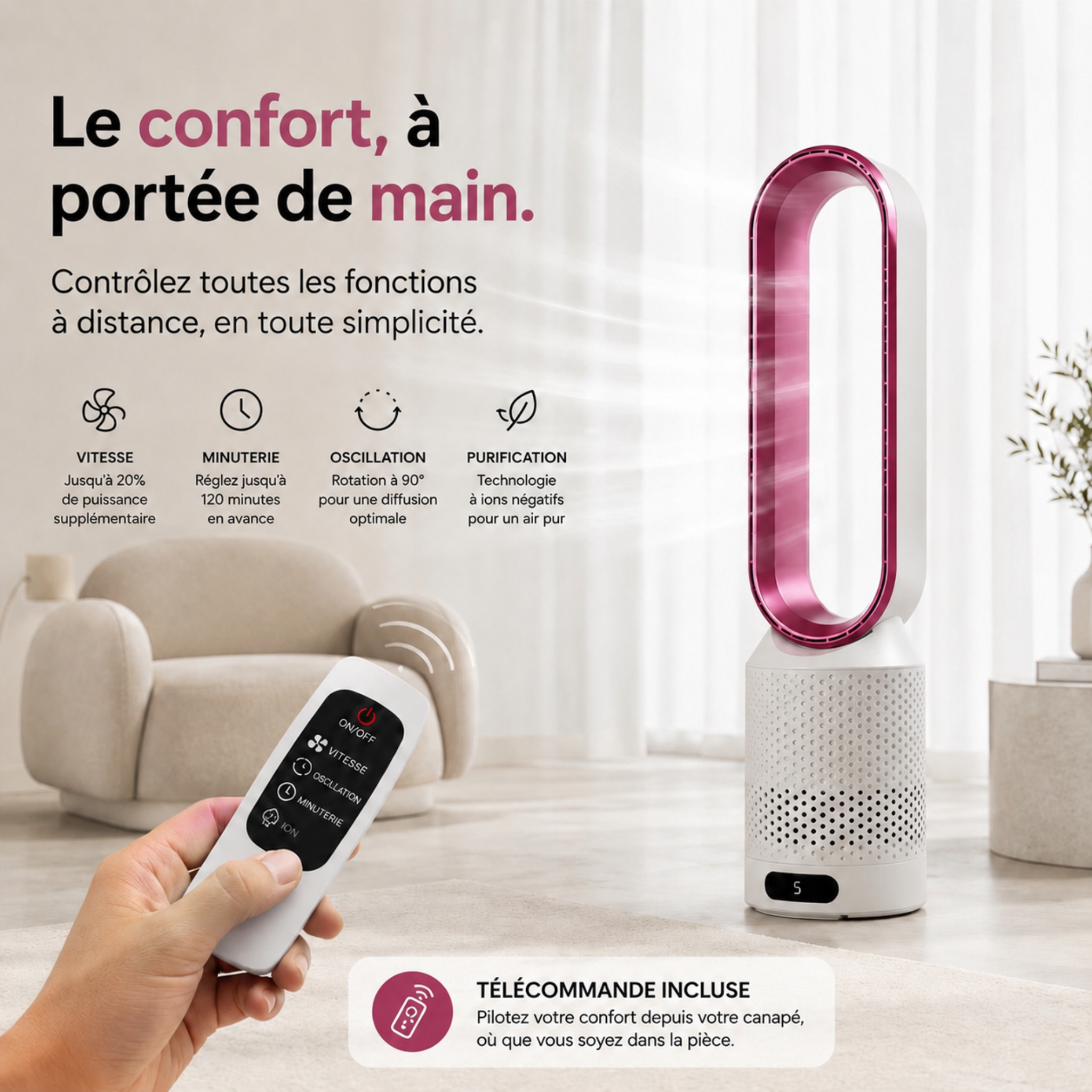 Purificateur d’Air Sans Pales ColdSunny™ Rose – Disponible en 4 coloris