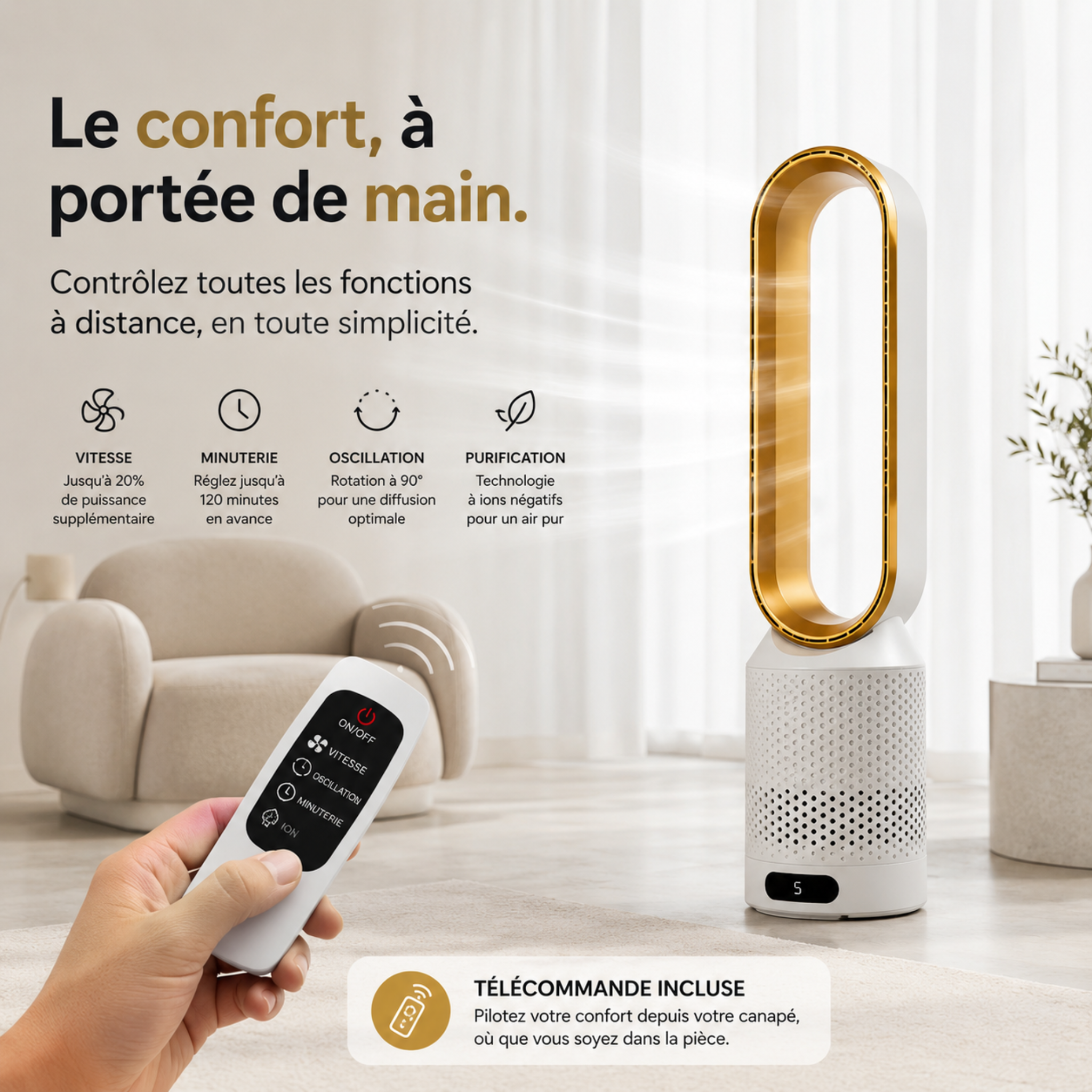 Purificateur d’Air Sans Pales ColdSunny™ Doré – Disponible en 4 coloris