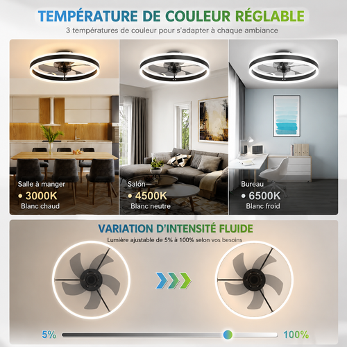 Ventilateur de Plafond LED 2-en-1 ColdSunny™ – Noir | Connecté Wi-Fi | 73 W