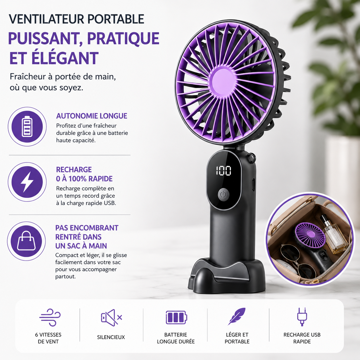 Ventilateur Portable Pliable ColdSunny™ – Violet