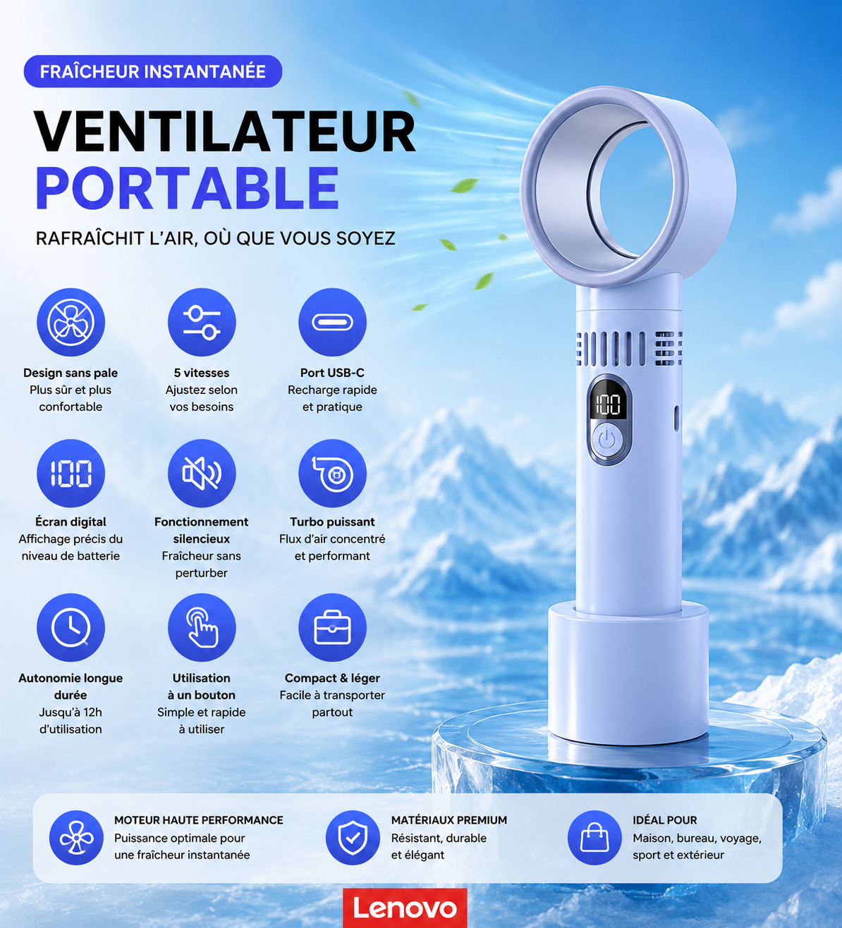 Ventilateur Portable Turbo Lenovo ColdSunny™ – Bleu
