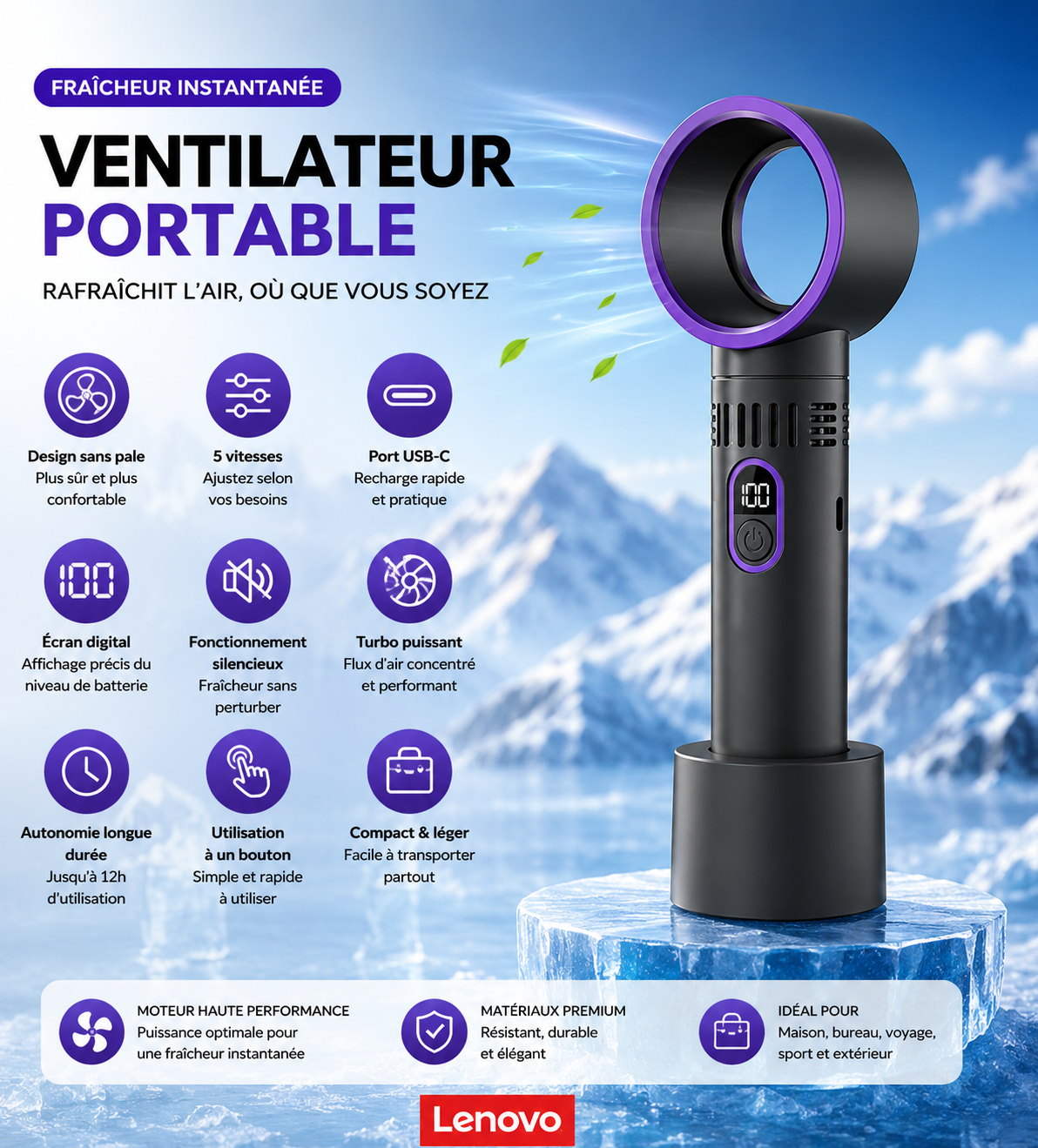 Ventilateur Portable Turbo Lenovo ColdSunny™ – Noir