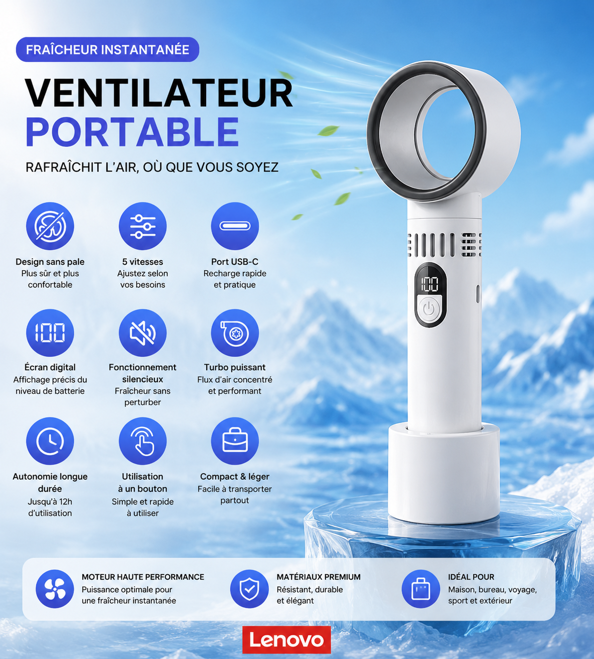Ventilateur Portable Turbo Lenovo ColdSunny™ – Blanc