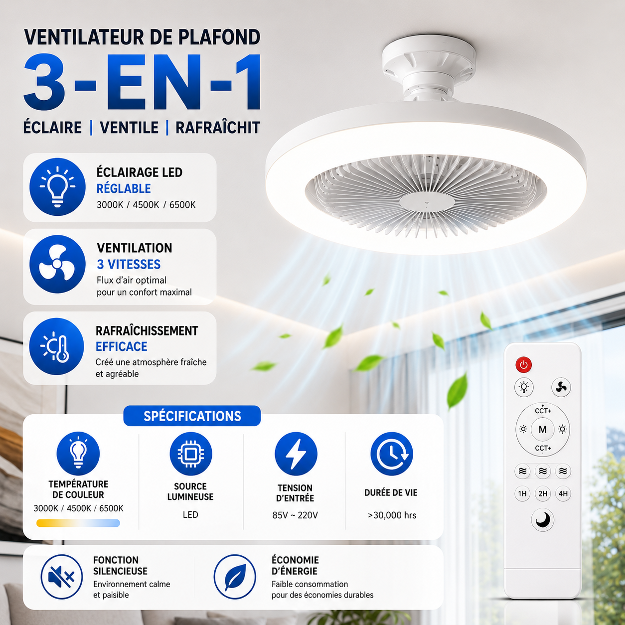 Ventilateur de Plafond LED 3-en-1 ColdSunny™ – Blanc