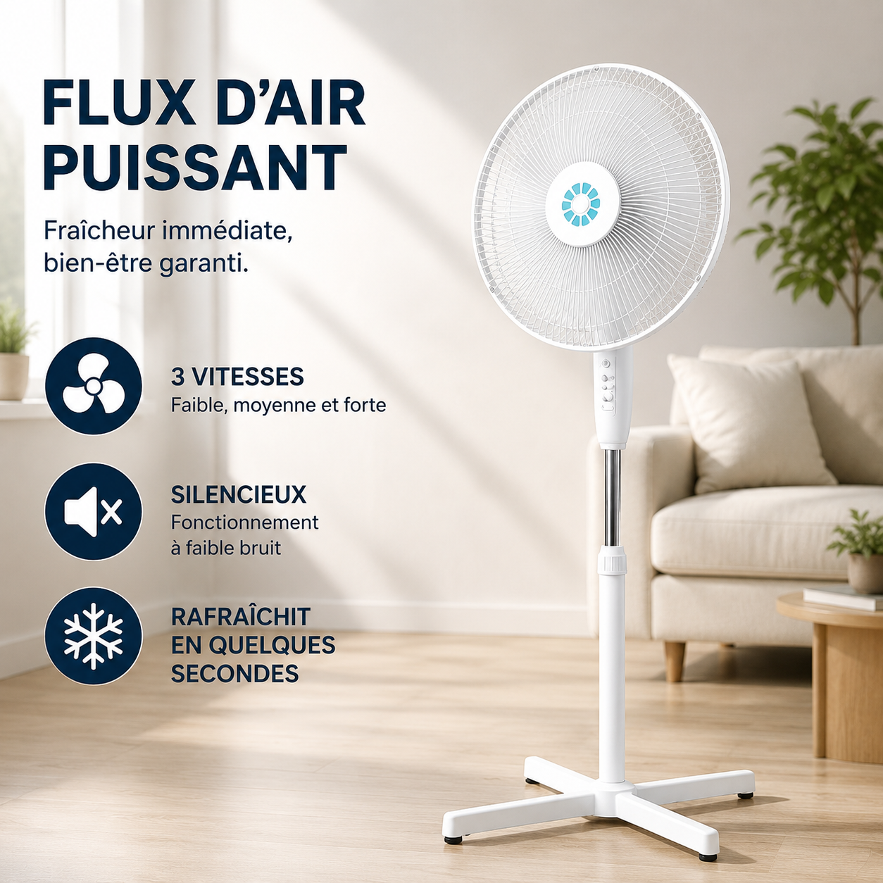 Oscillating Standing Fan with Adjustable Height, Low-Consumption Silent Motor, Tool-Free Assembly, Floor Fan for Home and Workspaces